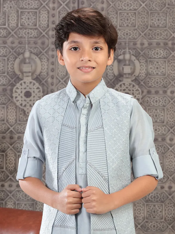 Trendy sky blue indowestern in silk