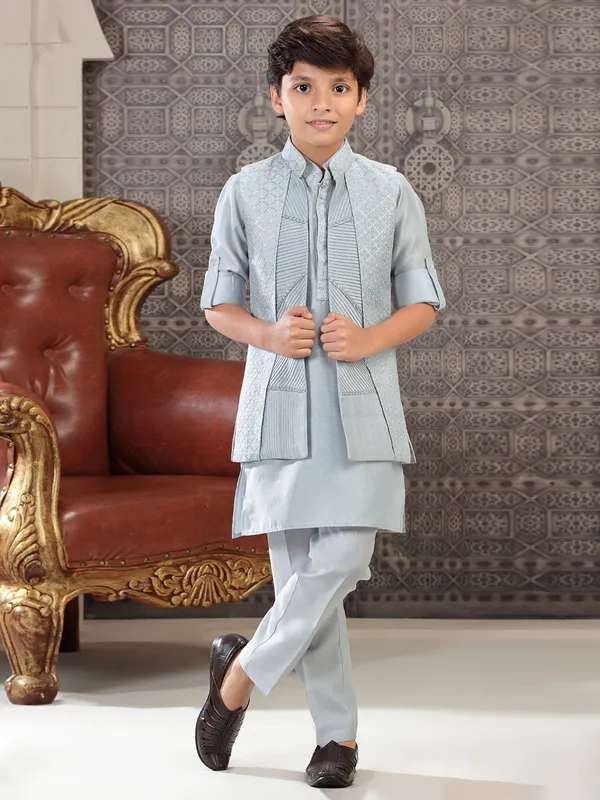 Trendy sky blue indowestern in silk