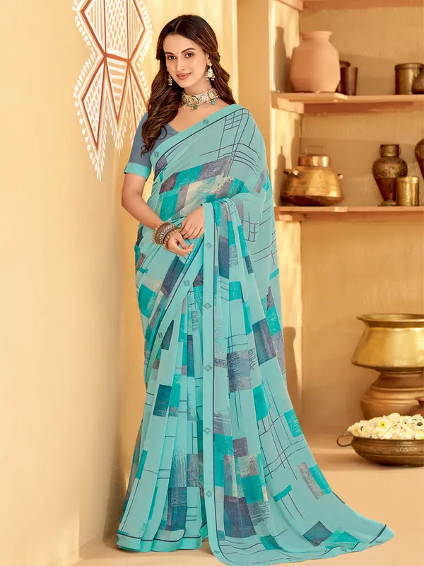 Trendy sky blue printed georgette saree