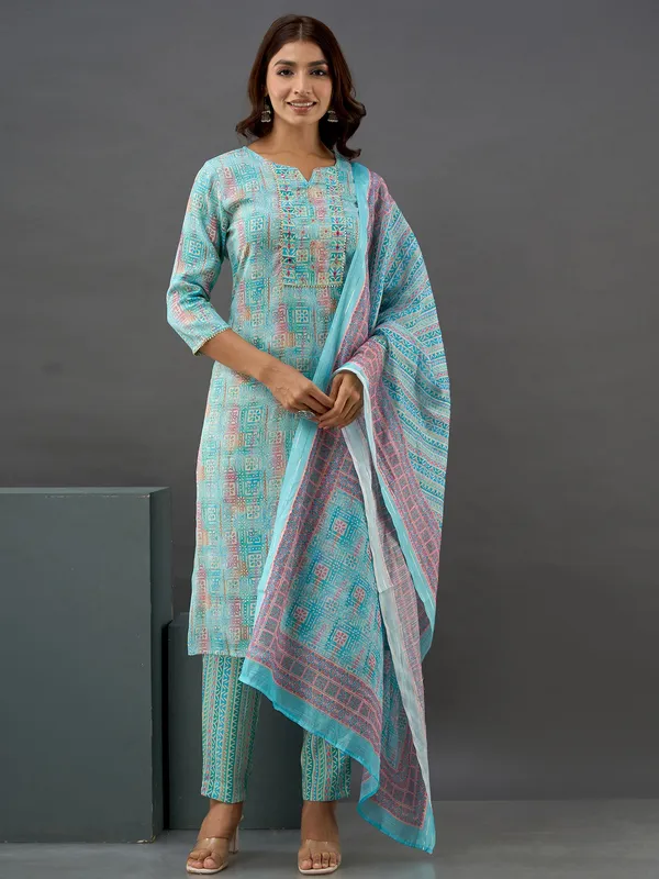 Trendy sky blue printed kurti set