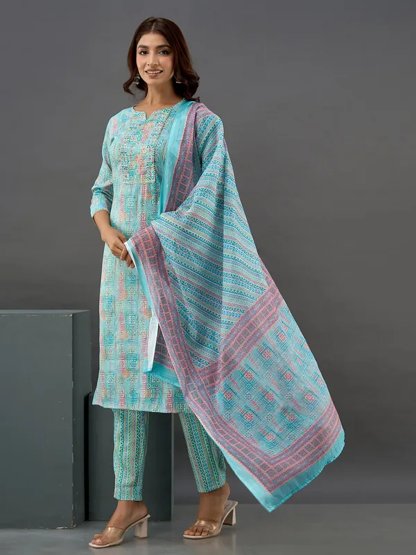 Trendy sky blue printed kurti set
