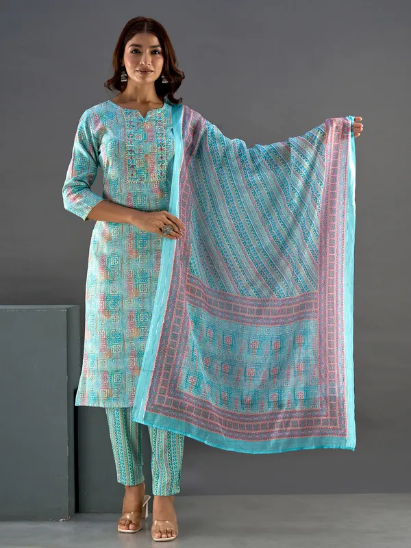 Trendy sky blue printed kurti set
