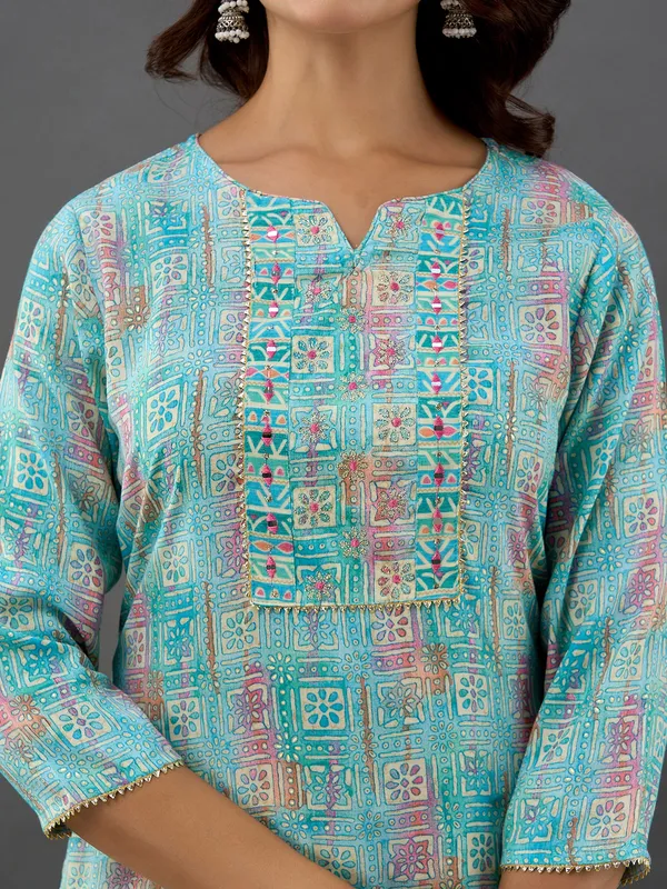Trendy sky blue printed kurti set