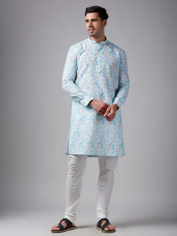 Trendy sky blue printed linen  Men Kurta pajama