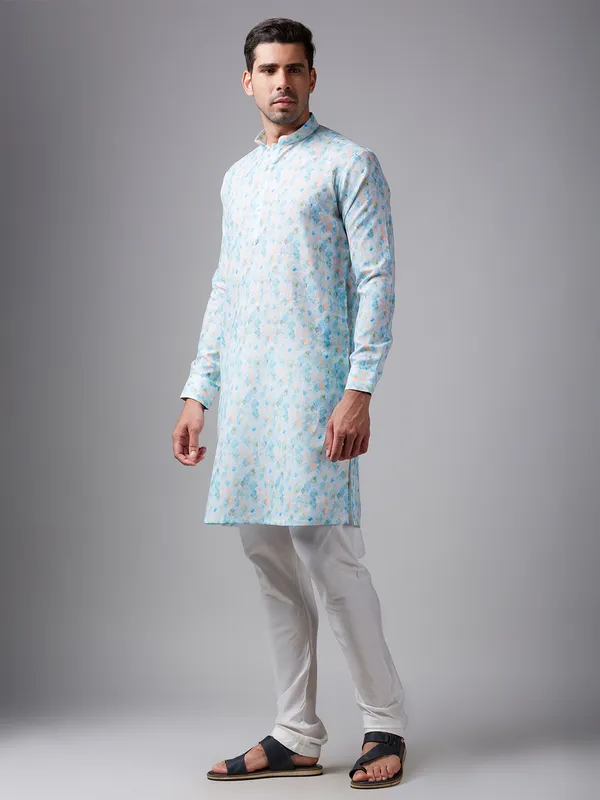 Trendy sky blue printed linen  Men Kurta pajama