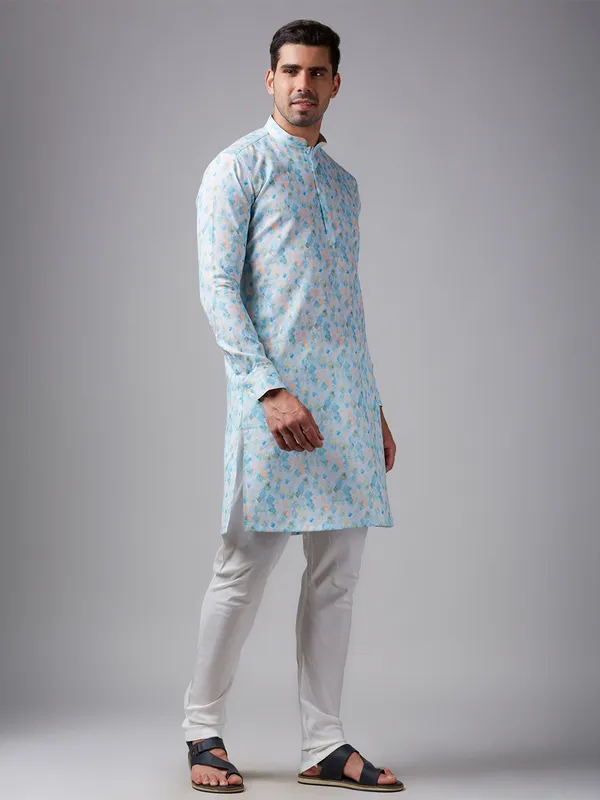 Trendy sky blue printed linen  Men Kurta pajama