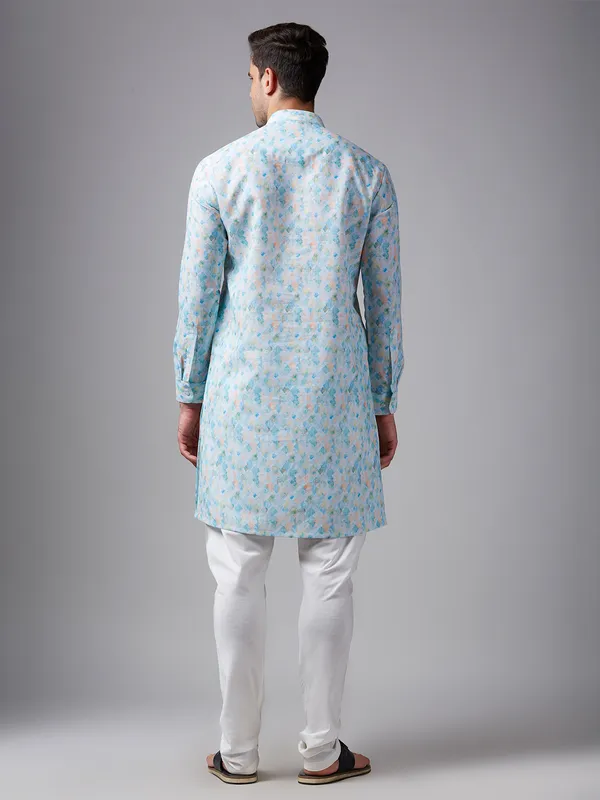 Trendy sky blue printed linen  Men Kurta pajama