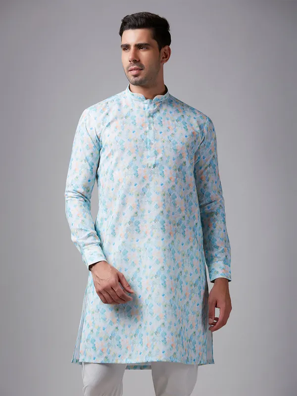 Trendy sky blue printed linen  Men Kurta pajama