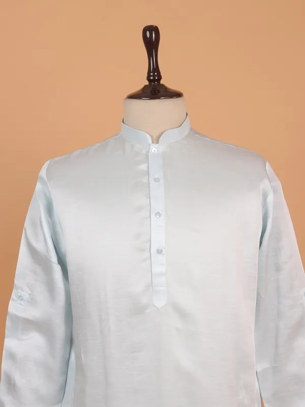 Trendy sky blue printed silk waistcoat set for men