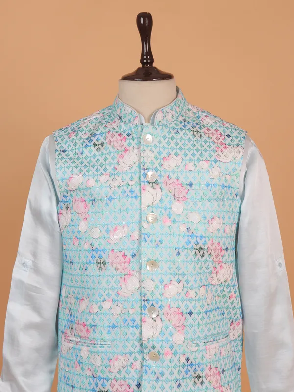 Trendy sky blue printed silk waistcoat set for men