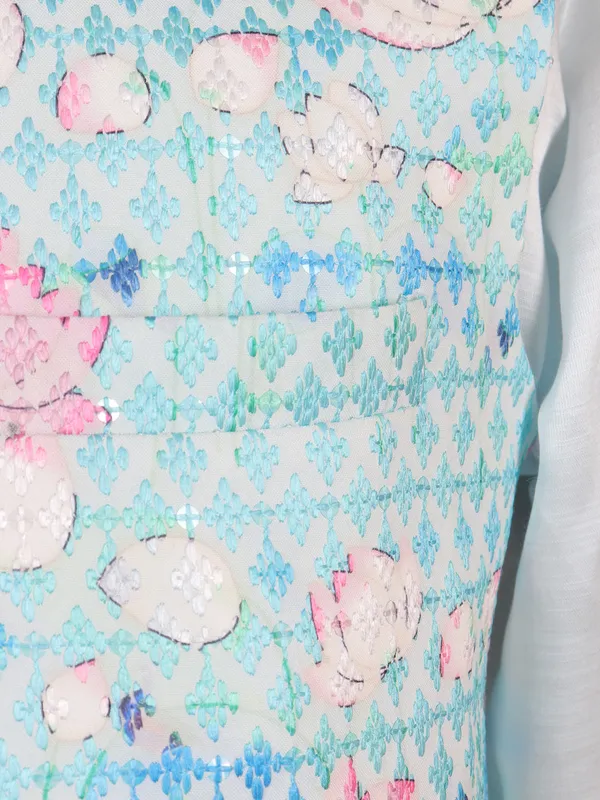 Trendy sky blue printed silk waistcoat set for men