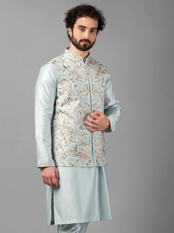 Trendy sky blue silk waistcoat set