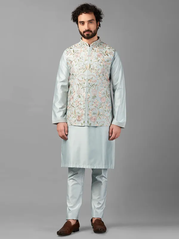 Trendy sky blue silk waistcoat set