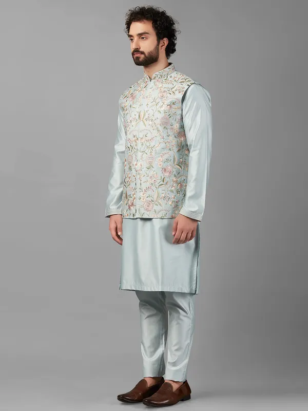 Trendy sky blue silk waistcoat set