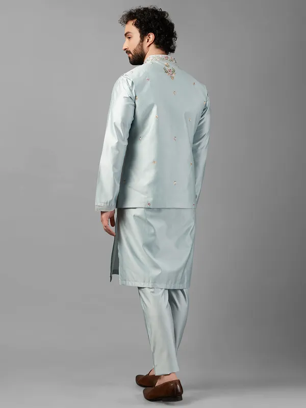 Trendy sky blue silk waistcoat set