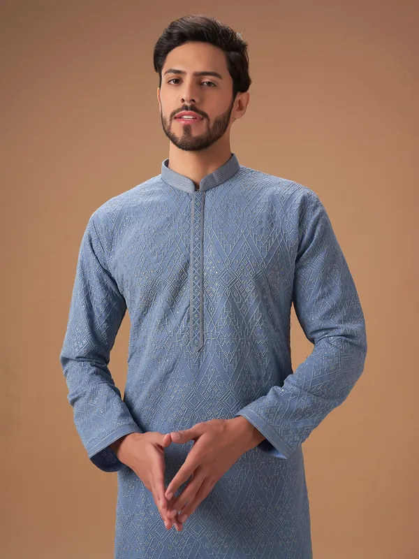 Trendy stone blue embroidery  Men Kurta pajama