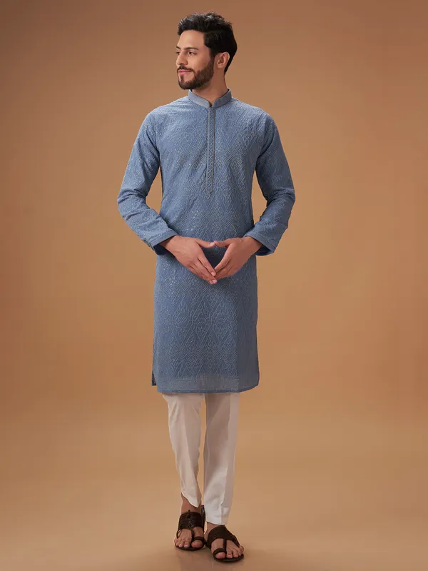 Trendy stone blue embroidery  Men Kurta pajama