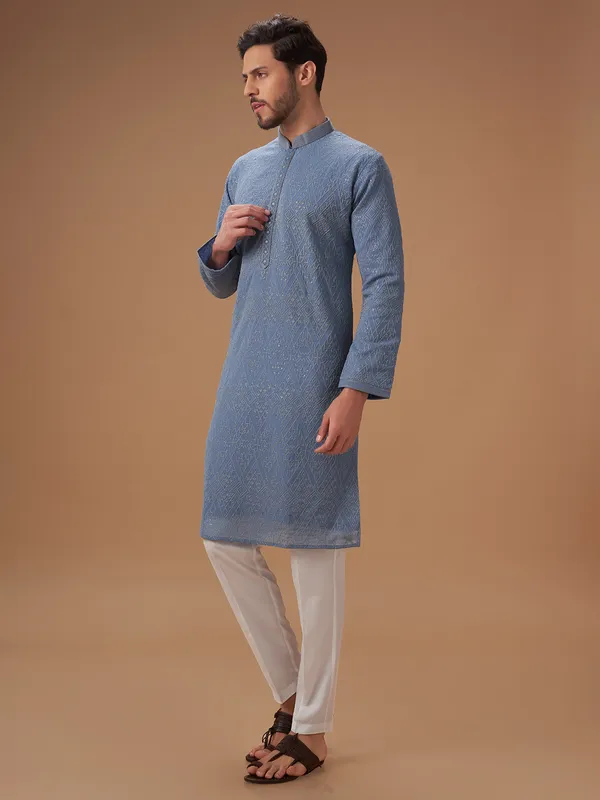 Trendy stone blue embroidery  Men Kurta pajama