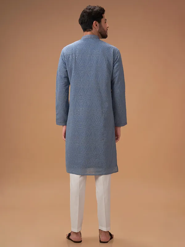 Trendy stone blue embroidery  Men Kurta pajama
