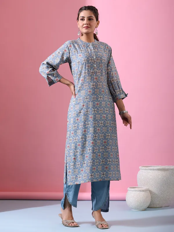 Trendy stone blue printed cotton kurti set
