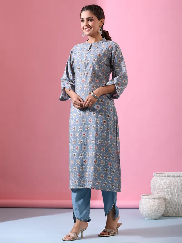 Trendy stone blue printed cotton kurti set