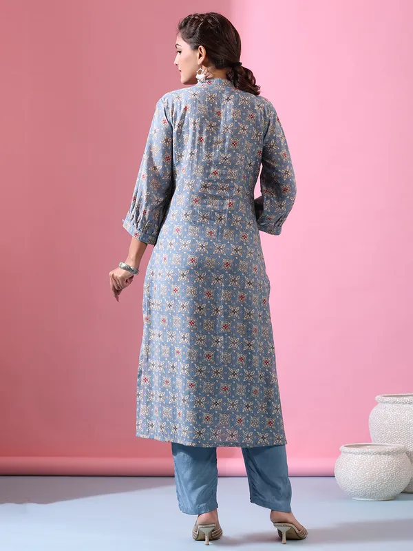 Trendy stone blue printed cotton kurti set