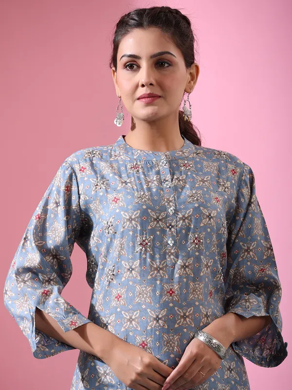 Trendy stone blue printed cotton kurti set
