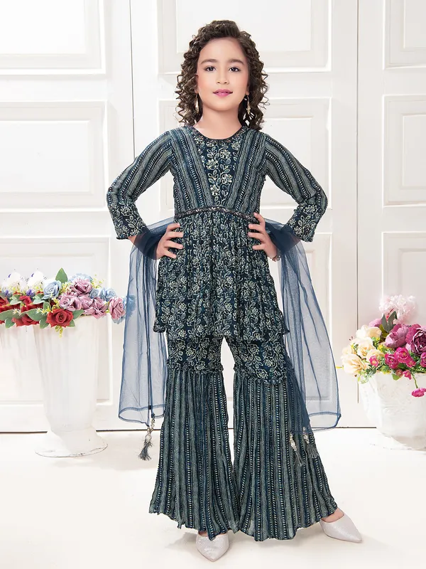 Trendy teal blue printed sharara suit