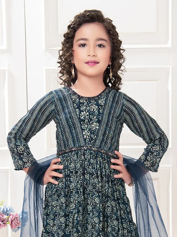 Trendy teal blue printed sharara suit