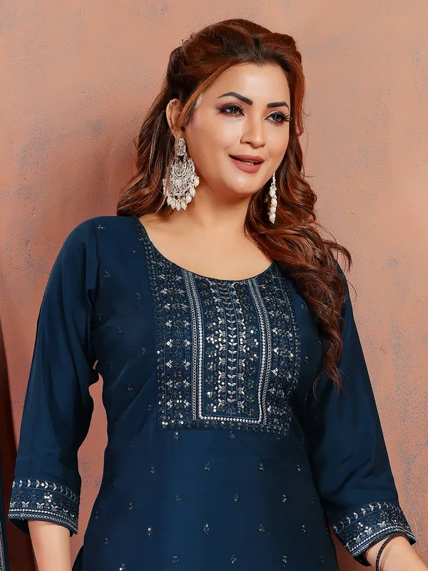 Trendy teal blue salwar suit in silk