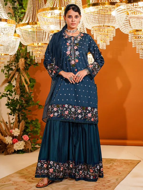 Trendy teal blue silk sharara suit