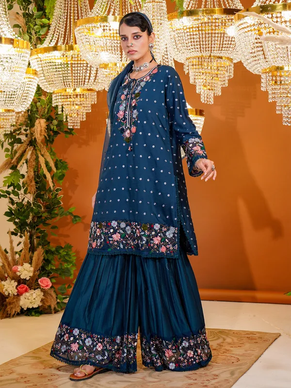 Trendy teal blue silk sharara suit