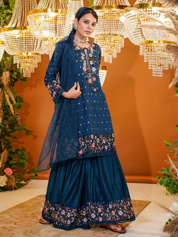 Trendy teal blue silk sharara suit