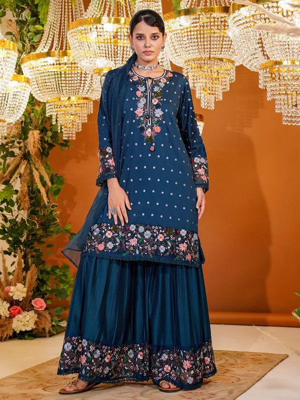 Trendy teal blue silk sharara suit