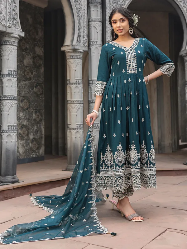 Trendy teal green silk kurti set