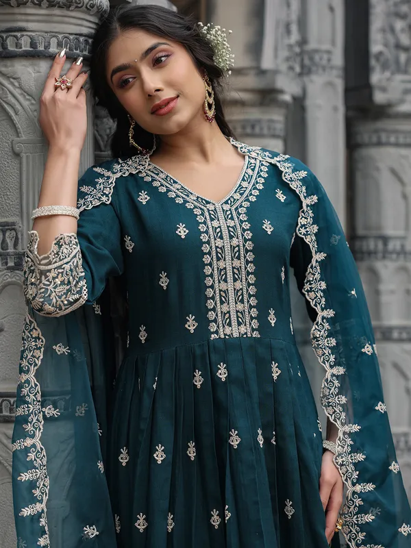 Trendy teal green silk kurti set