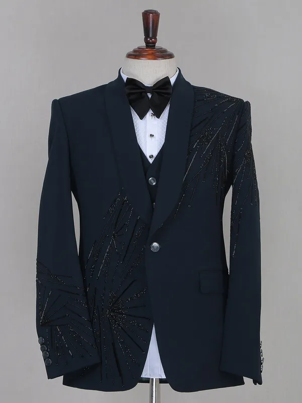 Trendy terry rayon teal blue coat suit for parties
