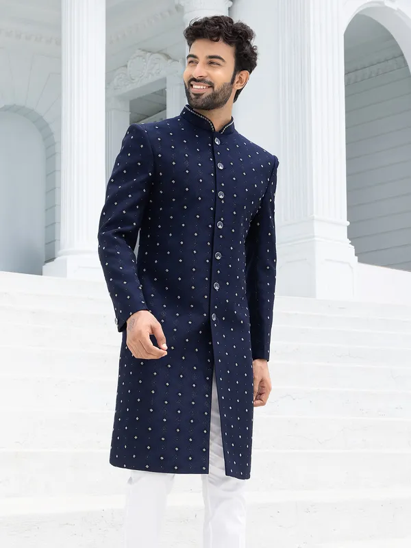 Trendy textured navy blue Indowestern for men