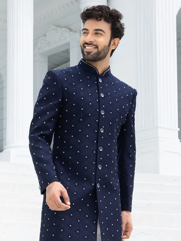 Trendy textured navy blue Indowestern for men