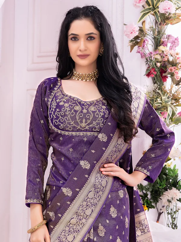 Trendy tissue silk purple saree