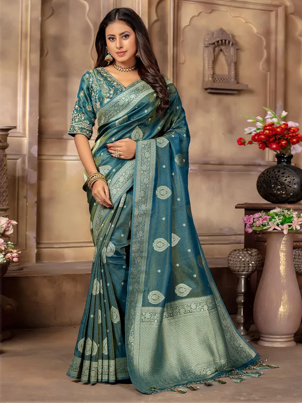 Trendy tissue silk rama blue saree