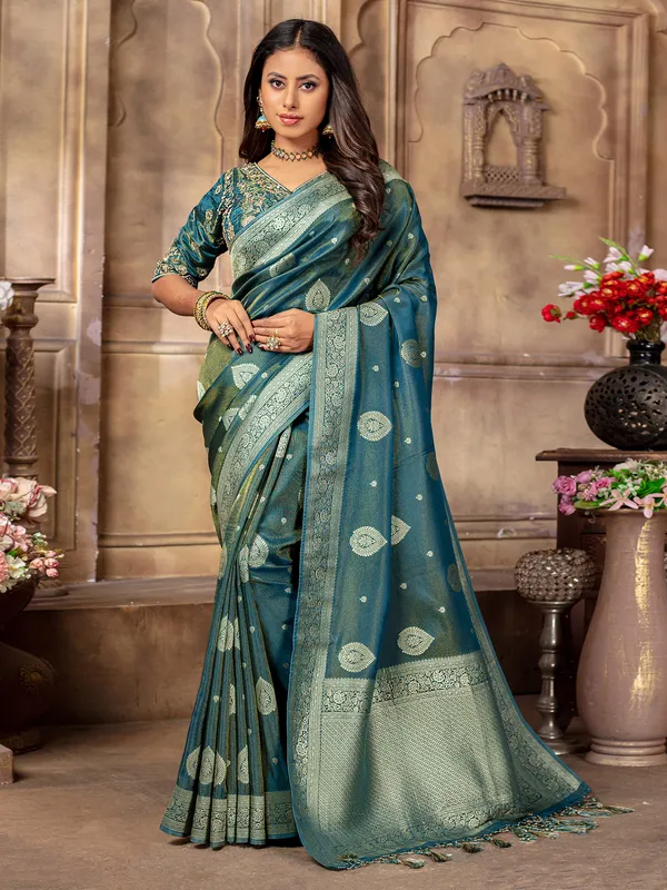 Trendy tissue silk rama blue saree