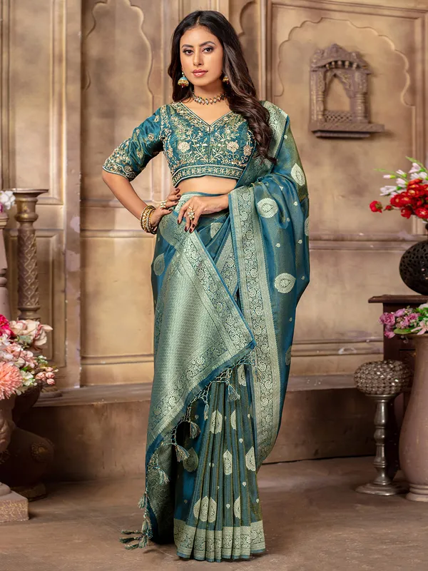 Trendy tissue silk rama blue saree