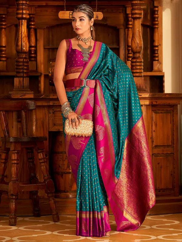 Trendy turquoise blue banarasi silk saree