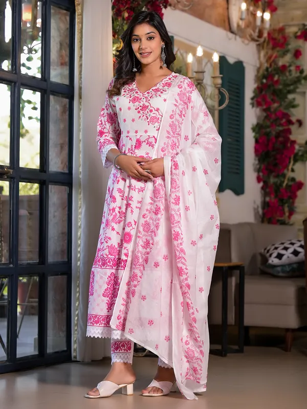 Trendy white and pink floral print kurti set