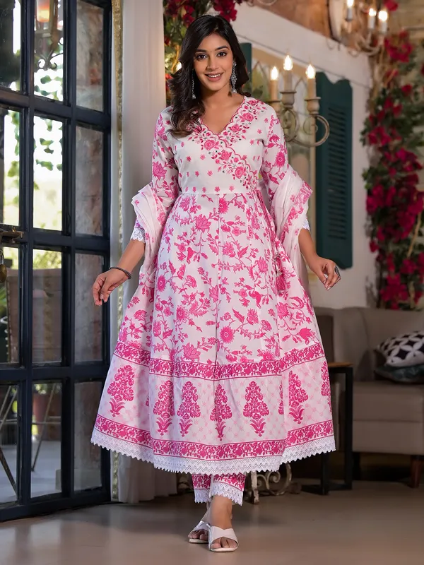 Trendy white and pink floral print kurti set