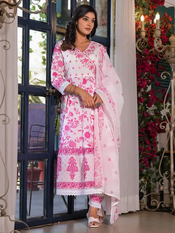 Trendy white and pink floral print kurti set
