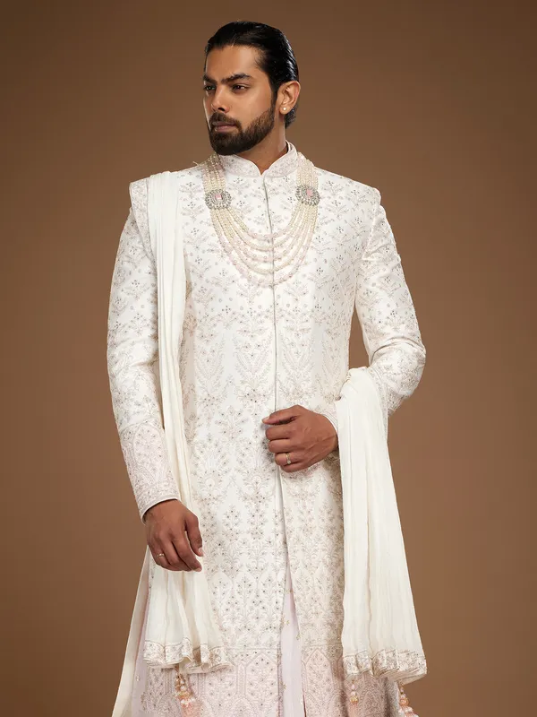 Trendy white and pink silk sherwani