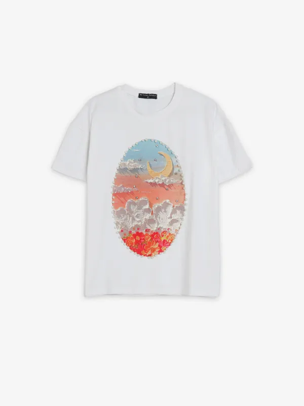 Trendy white cotton printed t shirt