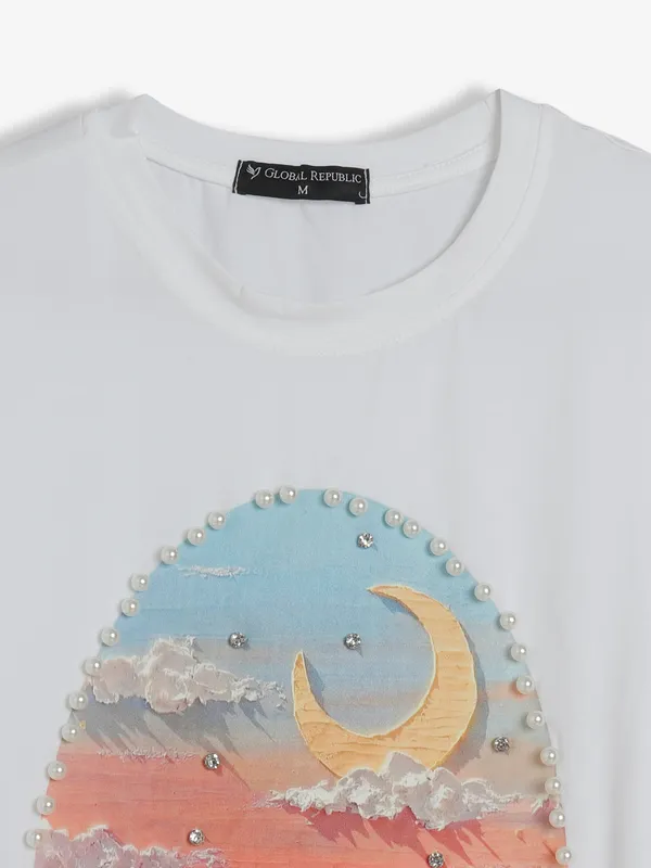 Trendy white cotton printed t shirt
